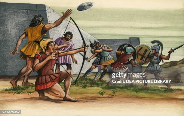 Young Spartans exercising with weapons, Sparta, drawing, Greek civilization.