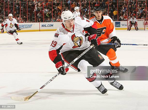 Jason Spezza of the Ottawa Senators skates against the Philadelphia Flyers at the Wachovia Center on November 12, 2009 in Philadelphia, Pennsylvania.