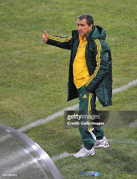 Carlos Alberto Parreira gestures during the International Friendly match between South Africa and Jamaica at Vodacom Park on November 17, 2009 in...