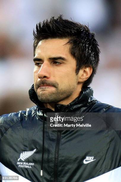 Rory Fallon of the All Whites sings the national anthem before the 2010 FIFA World Cup Asian Qualifier match between New Zealand and Bahrain at...