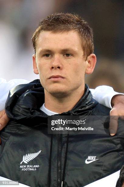 Michael McGlinchey of the All Whites sings the national anthem before the 2010 FIFA World Cup Asian Qualifier match between New Zealand and Bahrain...