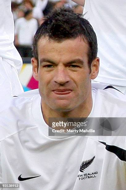 Ryan Nelsen captain of the All Whites sings the national anthem before the 2010 FIFA World Cup Asian Qualifier match between New Zealand and Bahrain...