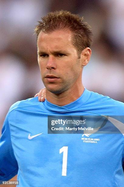 Mark Paston of the All Whites sings the national anthem before the 2010 FIFA World Cup Asian Qualifier match between New Zealand and Bahrain at...