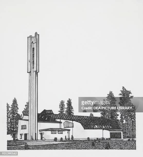 The church of the Three Crosses, 1955-1958, Imatra, architect Alvar Aalto, drawing, Finland.