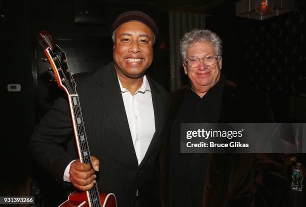 Former New York Yankee Bernie Williams and Harvey Fierstein pose at "Broadway Belts For PFF!" a benefit to fight Pulmonary Fibrosis at The Edison...