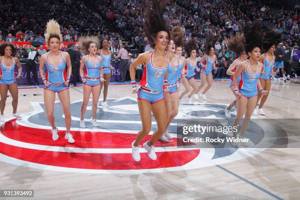 The Sacramento Kings dance team performs during the game against the New York Knicks on March 4, 2018 at Golden 1 Center in Sacramento, California....