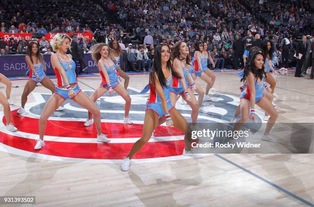 The Sacramento Kings dance team performs during the game against the New York Knicks on March 4, 2018 at Golden 1 Center in Sacramento, California....