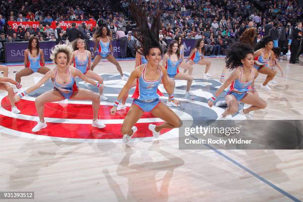 The Sacramento Kings dance team performs during the game against the New York Knicks on March 4, 2018 at Golden 1 Center in Sacramento, California....