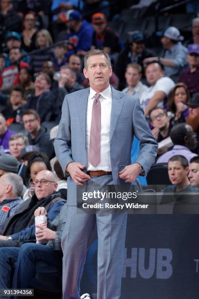 Head coach Jeff Hornacek of the New York Knicks coaches against the Sacramento Kings on March 4, 2018 at Golden 1 Center in Sacramento, California....