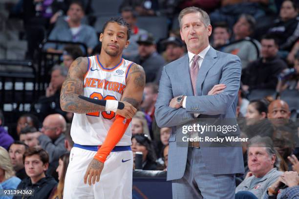 Head coach Jeff Hornacek of the New York Knicks coaches Trey Burke against the Sacramento Kings on March 4, 2018 at Golden 1 Center in Sacramento,...