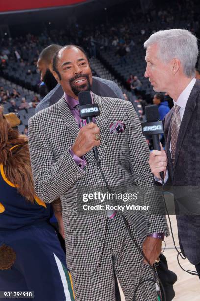 Color commentator of the New York Knicks, Walt Frazier looks on prior to the game against the Sacramento Kings on March 4, 2018 at Golden 1 Center in...