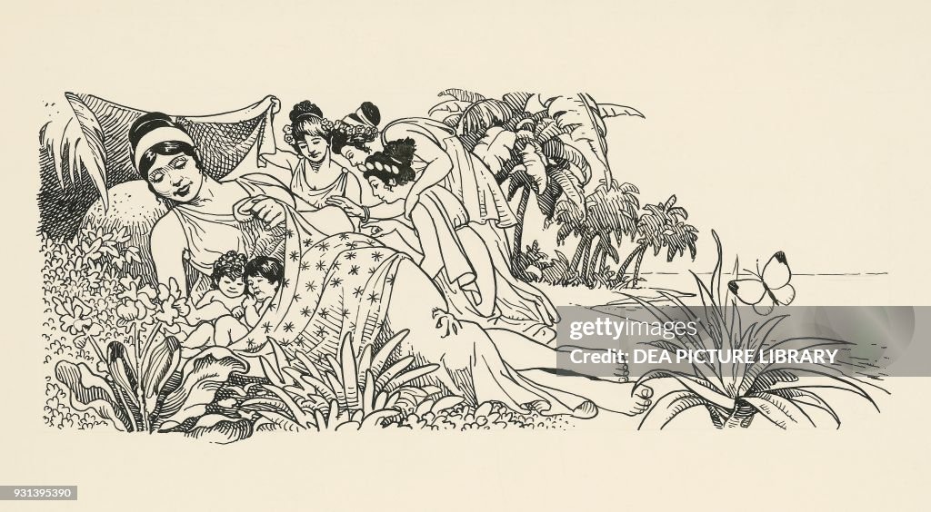 Apollo Leto Myth Leto with Apollo and Artemis, Greek mythology, drawing by Giacinto ...