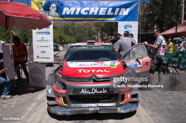 Kris Meeke and Paul Nagle from Citroen Abu Dhabi WRT Team cross the finish line of the last stage of the Rally Guanajuato Corona on their damaged car...