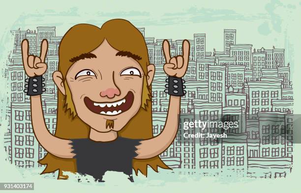 heavy-metal-kerl in der stadt - metalhead stock-grafiken, -clipart, -cartoons und -symbole