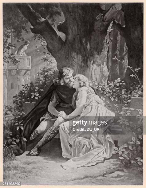 stockillustraties, clipart, cartoons en iconen met isolde van richard wagners opera "tristan en isolde" voldoet aan de tristan, - two toned dress