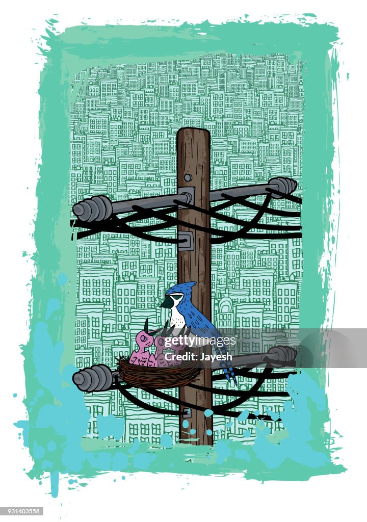 Blue Jay Mother with her Chicks Mother's Day Vector Illustration