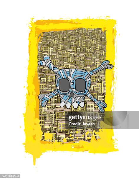 skull and crossbones against a toxic city backdrop - skull and crossbones doodle stock illustrations