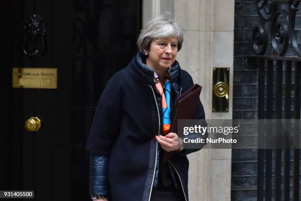 Prime Minister Theresa May leaves Downing Street after attending the weekly Cabinet meeting, London on March 13, 2018. Prime Minister Theresa May and...