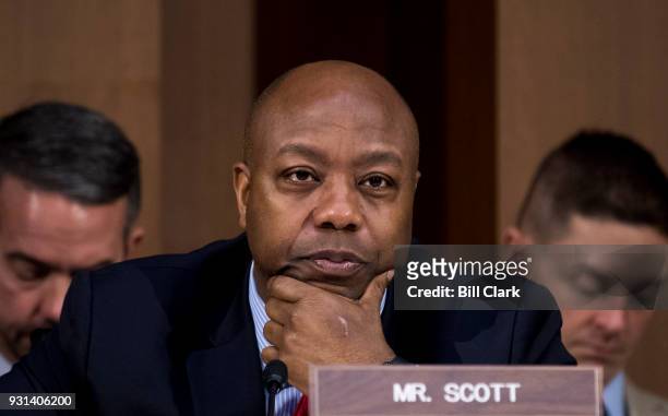 Sen. Tim Scott, R-S.C., questions Army Gen. Joseph Votel, commander of the United States Central Command, and Marine Corps Gen. Thomas Waldhauser,...