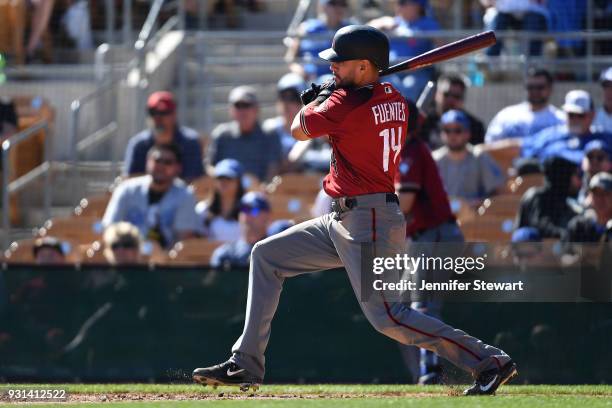 Rey Fuentes of the Arizona Diamondbacks grounds out in a spring-training game against the Los Angeles Dodgers at Camelback Ranch on March 3, 2018 in...