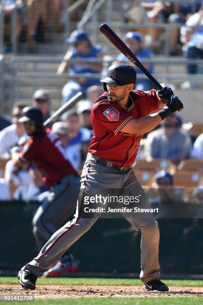 Rey Fuentes of the Arizona Diamondbacks bats in a spring-training game against the Los Angeles Dodgers at Camelback Ranch on March 3, 2018 in...
