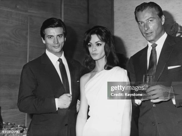 From left to right, actors Pierre Brice , Marie Versini and Lex Barker, stars of the film 'Winnetou - 1. Teil', aka 'Winnetou', 12th December 1963....