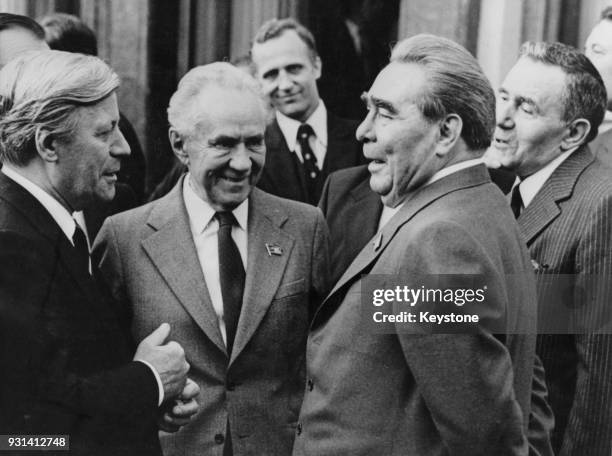 From left to right, German Chancellor Helmut Schmidt, Soviet premier Alexei Kosygin, Leonid Brezhnev and Russian Foreign Minister Andrei Gromyko...