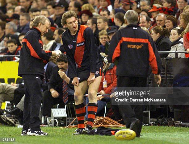James Hird for Essendon, receives medical attention, after a knock to the head, during the match between the Essendon Bombers and the Adelaide Crows,...