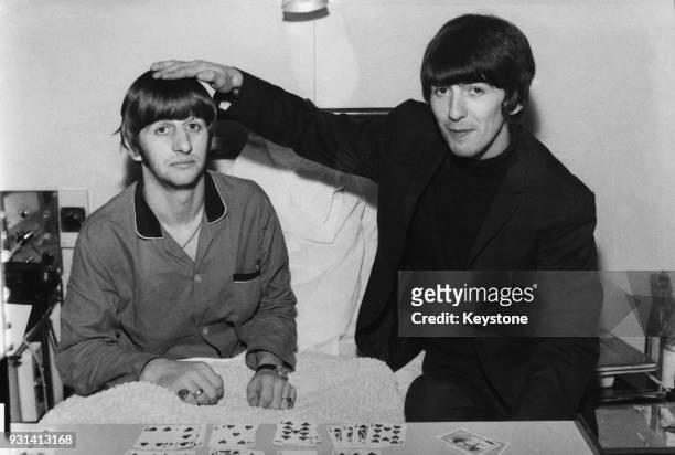 Drummer Ringo Starr gets a visit from fellow Beatle George Harrison whilst recuperating from an operation to remove his tonsils at the University...