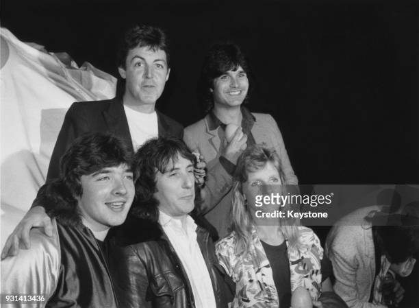 Wings, the pop group formed by ex-Beatle Paul McCartney, at a press conference at Abbey Road Studios in London, for the release of their new album...