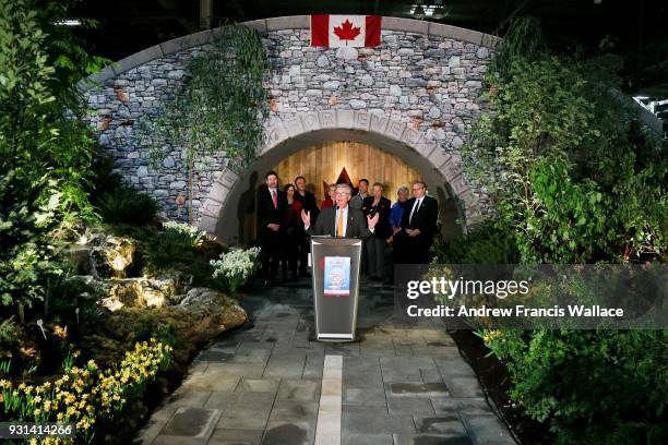 Mark Cullen, Highway of Heroes Tree Campaign Chair and Co-Founder speaks at the opening of the Highway of Heroes Garden exhibit at Canada Blooms...