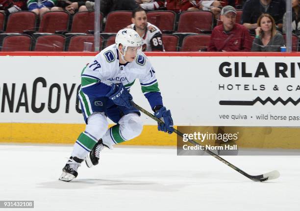 Nikolay Goldobin of the Vancouver Canucks skates with the puck against the Arizona Coyotes at Gila River Arena on March 11, 2018 in Glendale, Arizona.