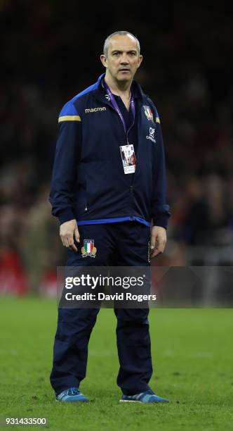 Conor O'Shea, the Italy head coach looks on during the NatWest Six Nations match between Wales and Italy at the Principality Stadium on March 11,...