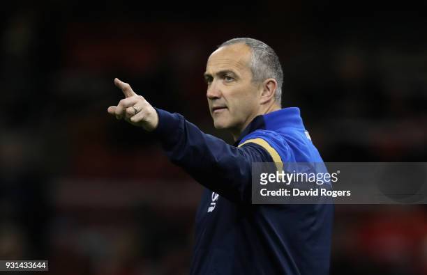 Conor O'Shea, the Italy head coach looks on during the NatWest Six Nations match between Wales and Italy at the Principality Stadium on March 11,...