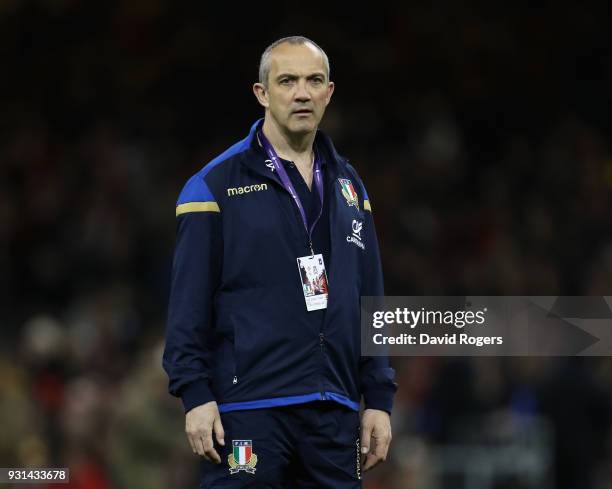 Conor O'Shea, the Italy head coach looks on during the NatWest Six Nations match between Wales and Italy at the Principality Stadium on March 11,...