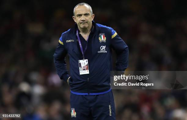 Conor O'Shea, the Italy head coach looks on during the NatWest Six Nations match between Wales and Italy at the Principality Stadium on March 11,...