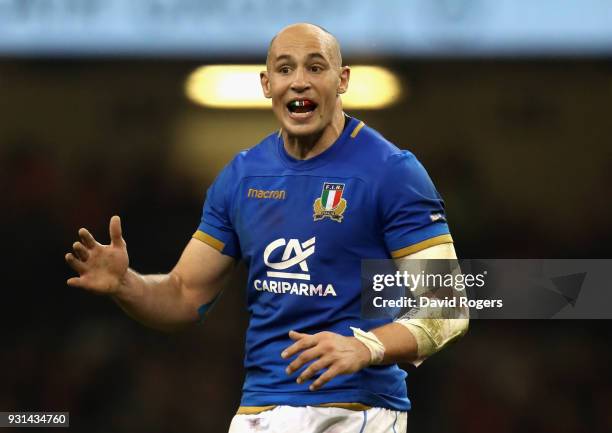 Sergio Parisse of Italy looks on during the NatWest Six Nations match between Wales and Italy at the Principality Stadium on March 11, 2018 in...