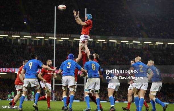 Justin Tipuric of Wales wins the lineout during the NatWest Six Nations match between Wales and Italy at the Principality Stadium on March 11, 2018...