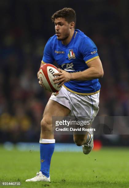 Marcelo Violi of Italy runs with the ball during the NatWest Six Nations match between Wales and Italy at the Principality Stadium on March 11, 2018...