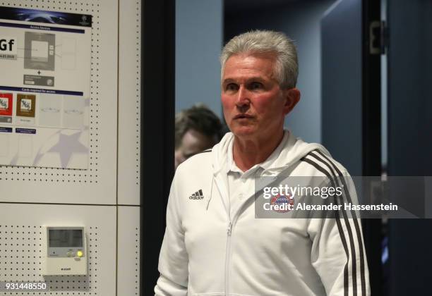 Jupp Heynckes, Manager of Bayern Munchen arrives during a Bayern Muenchen press conference ahead of their UEFA Champions League round of 16 match...