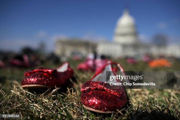 Seven thousand pairs of shoes, representing the children killed by gun violence since the mass shooting at Sandy Hook Elementary School in 2012, are...