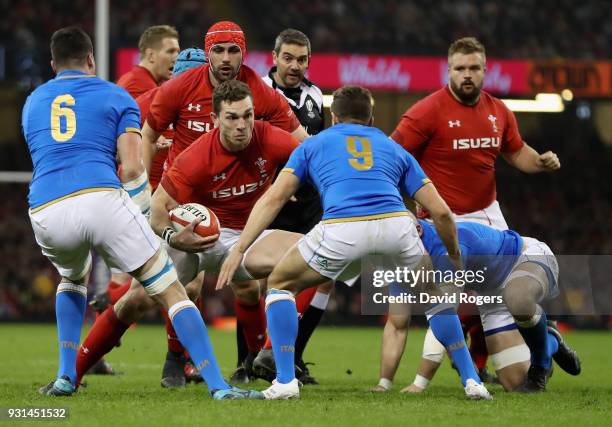 George North of Wales runs with the ball during the NatWest Six Nations match between Wales and Italy at the Principality Stadium on March 11, 2018...