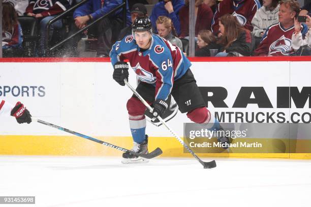 Nail Yakupov of the Colorado Avalanche skates against the Arizona Coyotes at the Pepsi Center on March 10, 2018 in Denver, Colorado.