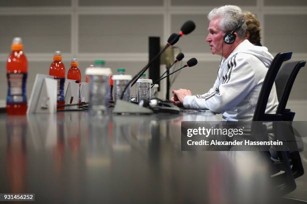 Jupp Heynckes, Manager of Bayern Munchen speaks during a Bayern Muenchen press conference ahead of their UEFA Champions League round of 16 match...