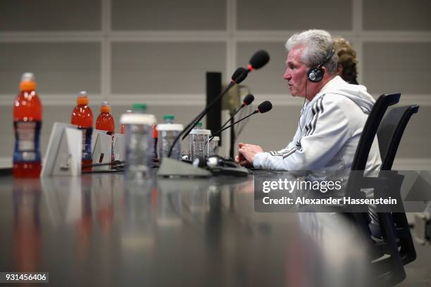 Jupp Heynckes, Manager of Bayern Munchen speaks during a Bayern Muenchen press conference ahead of their UEFA Champions League round of 16 match...