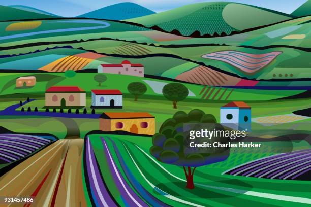 rural landscape with dirt road, fields and lavender farms - charles harker stockfoto's en -beelden