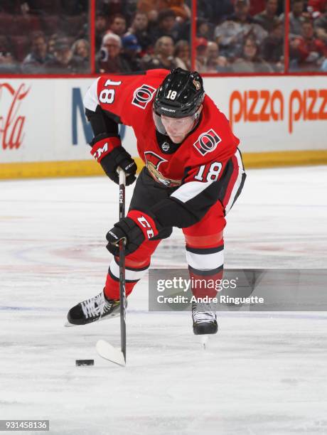 Ryan Dzingel of the Ottawa Senators skates against the Buffalo Sabres at Canadian Tire Centre on March 8, 2018 in Ottawa, Ontario, Canada.