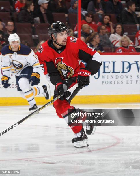 Cody Ceci of the Ottawa Senators skates against the Buffalo Sabres at Canadian Tire Centre on March 8, 2018 in Ottawa, Ontario, Canada.