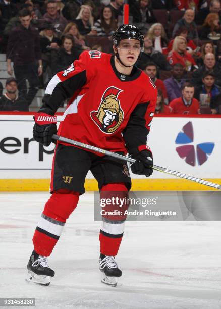 Mark Borowiecki of the Ottawa Senators skates against the Buffalo Sabres at Canadian Tire Centre on March 8, 2018 in Ottawa, Ontario, Canada.