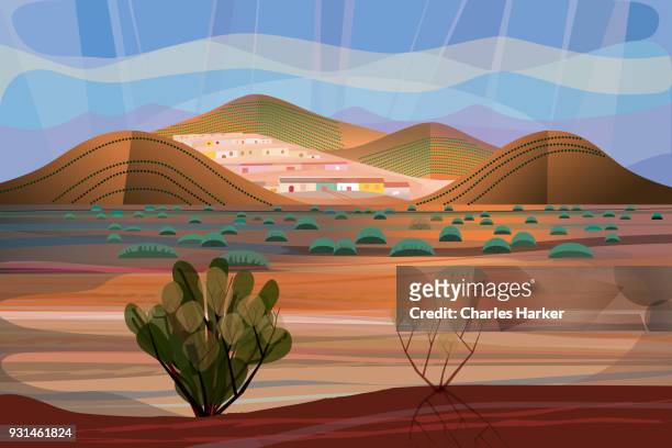desert landscape looking out from above to valley and copper mountain village in distance - charles harker ストックフォトと画像
